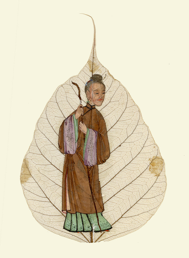 Chinese Bodhi Peepal Leaf Painting Late 18th-century – Qing Dynasty Wandering Man