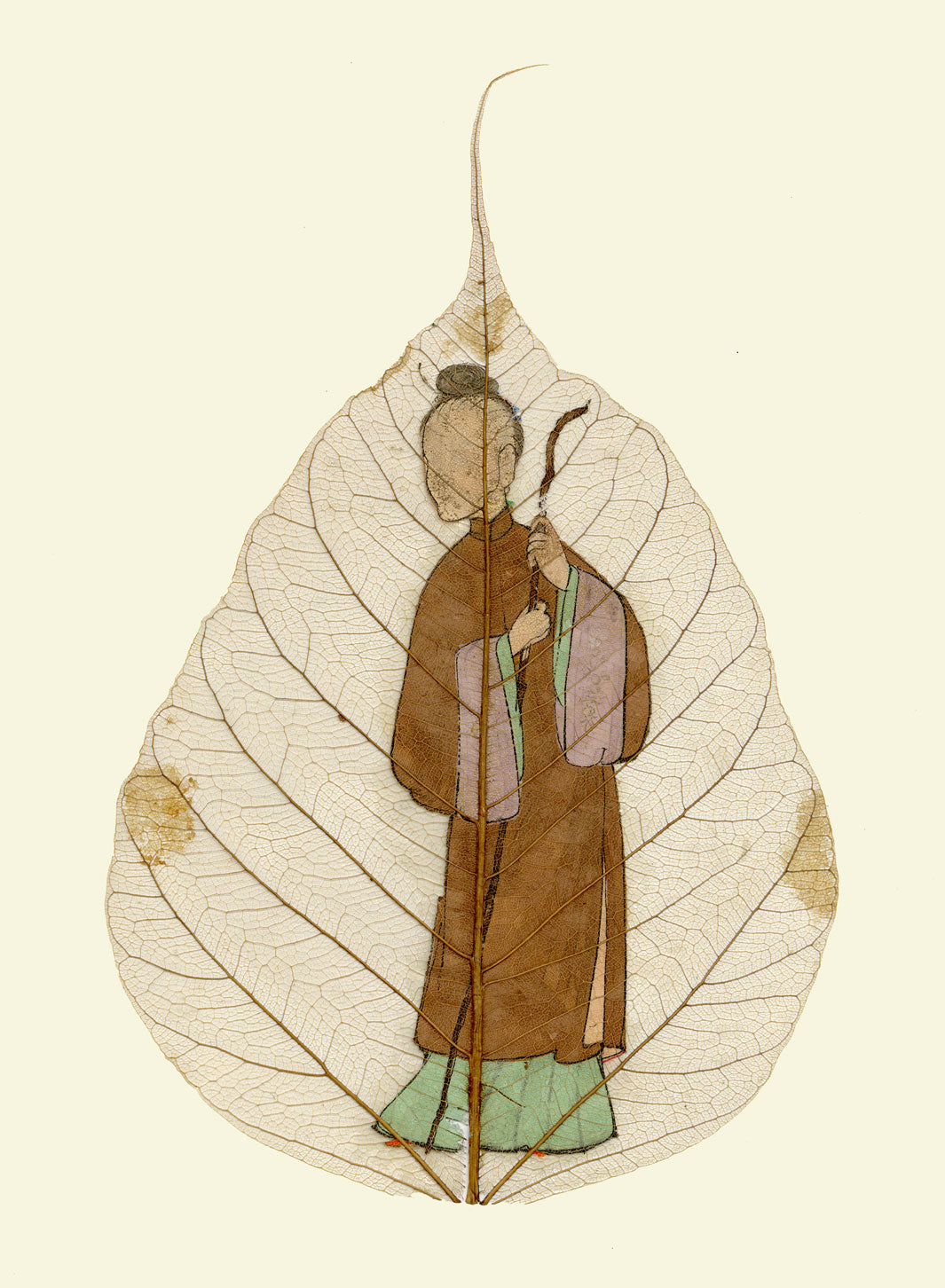 Chinese Bodhi Peepal Leaf Painting Late 18th-century – Qing Dynasty Wandering Man