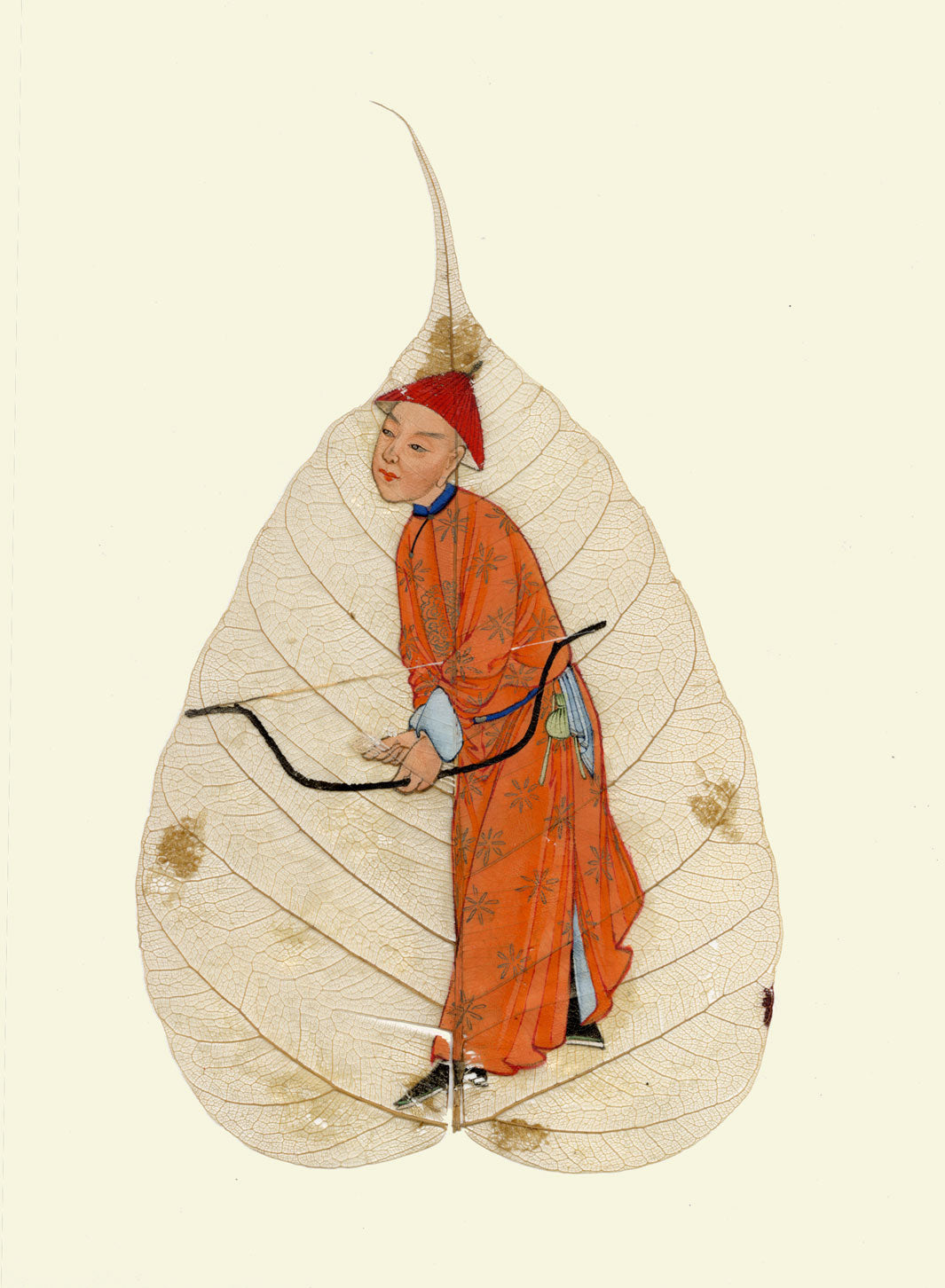 Chinese Bodhi Peepal Leaf Painting Late 18th-century – Qing Dynasty Manchu Archer