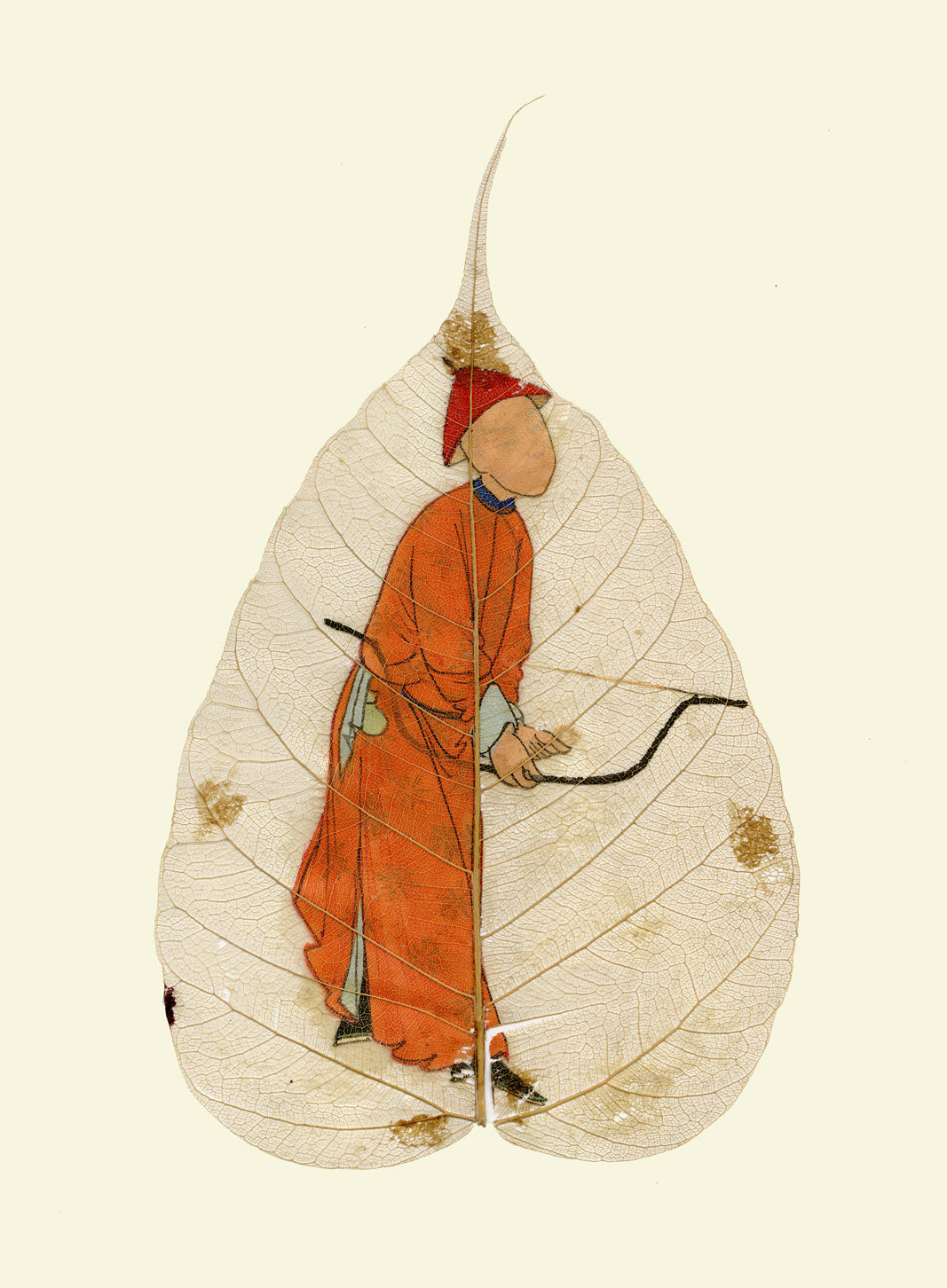 Chinese Bodhi Peepal Leaf Painting Late 18th-century – Qing Dynasty Manchu Archer