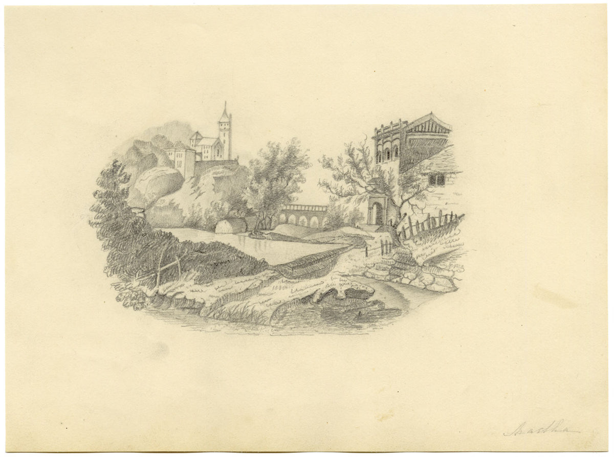 Picturesque Landscape – Original c.1831 graphite drawing
