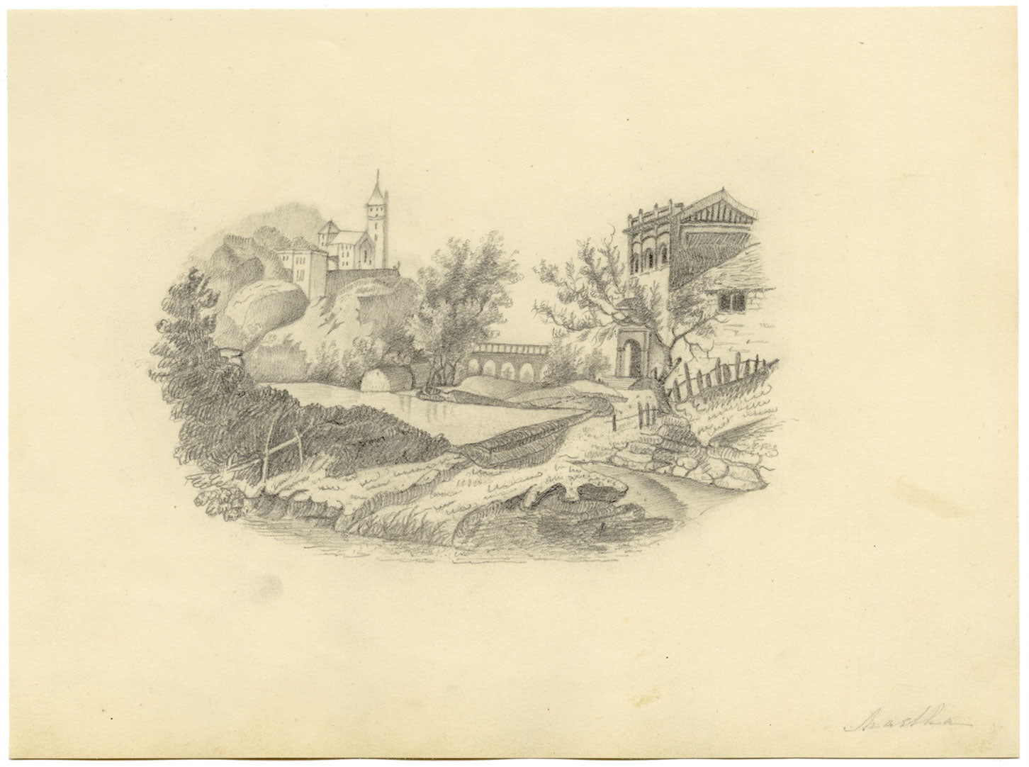 Picturesque Landscape – Original c.1831 graphite drawing