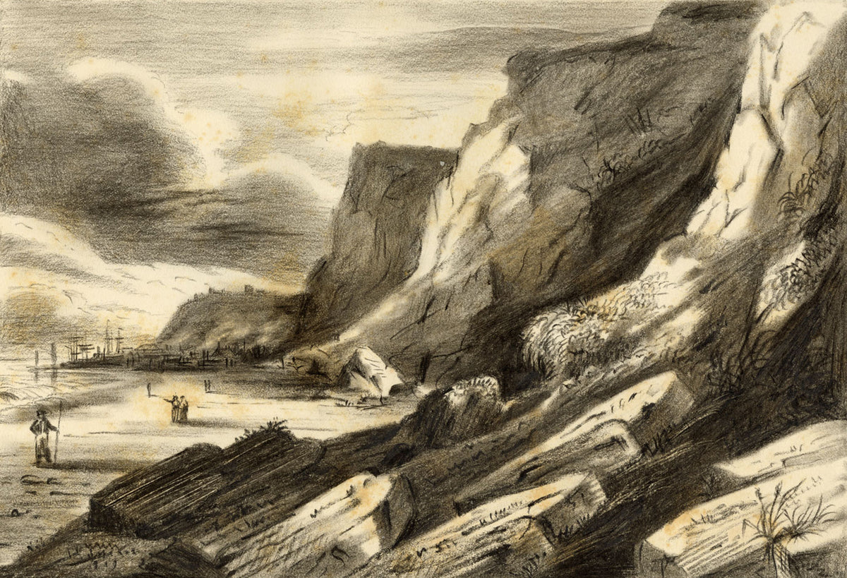 R.J. Blesard, Hastings East Cliff after Dr William Crotch–1830s charcoal drawing