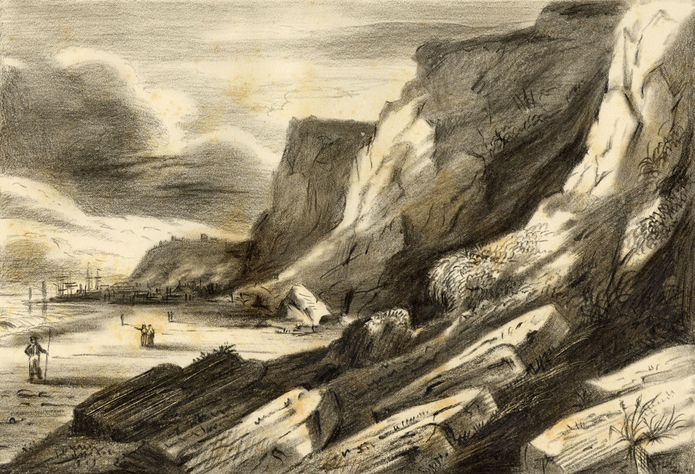R.J. Blesard, Hastings East Cliff after Dr William Crotch–1830s charcoal drawing