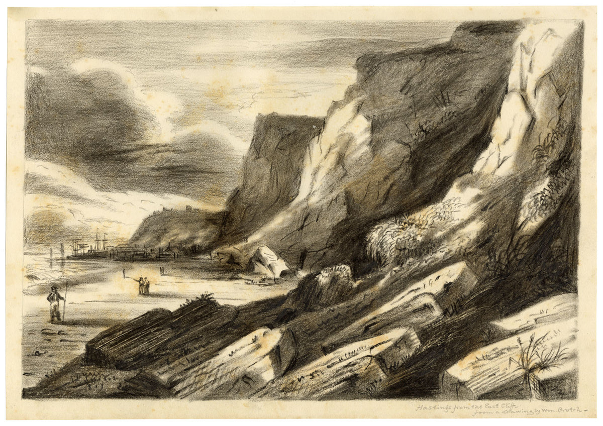 R.J. Blesard, Hastings East Cliff after Dr William Crotch–1830s charcoal drawing