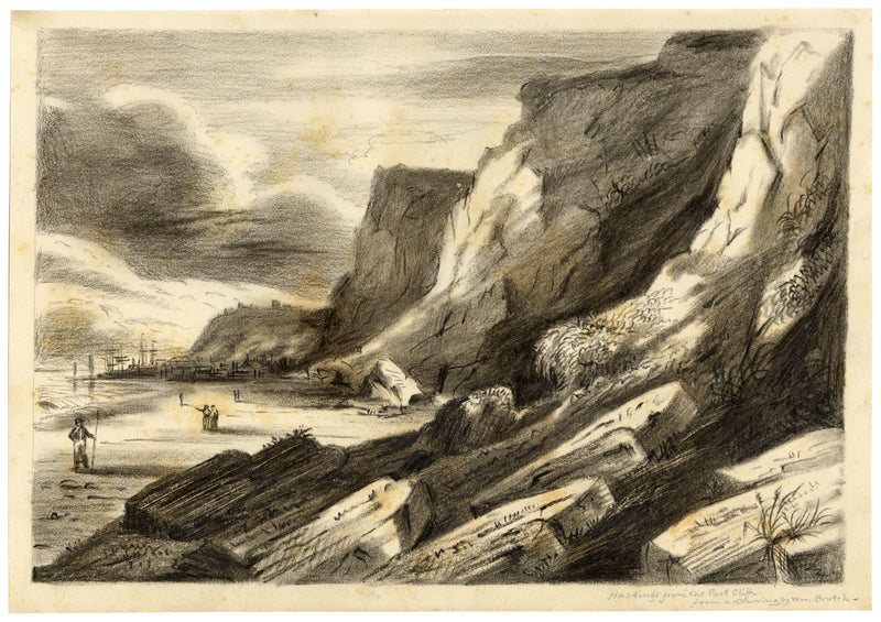 R.J. Blesard, Hastings East Cliff after Dr William Crotch–1830s charcoal drawing