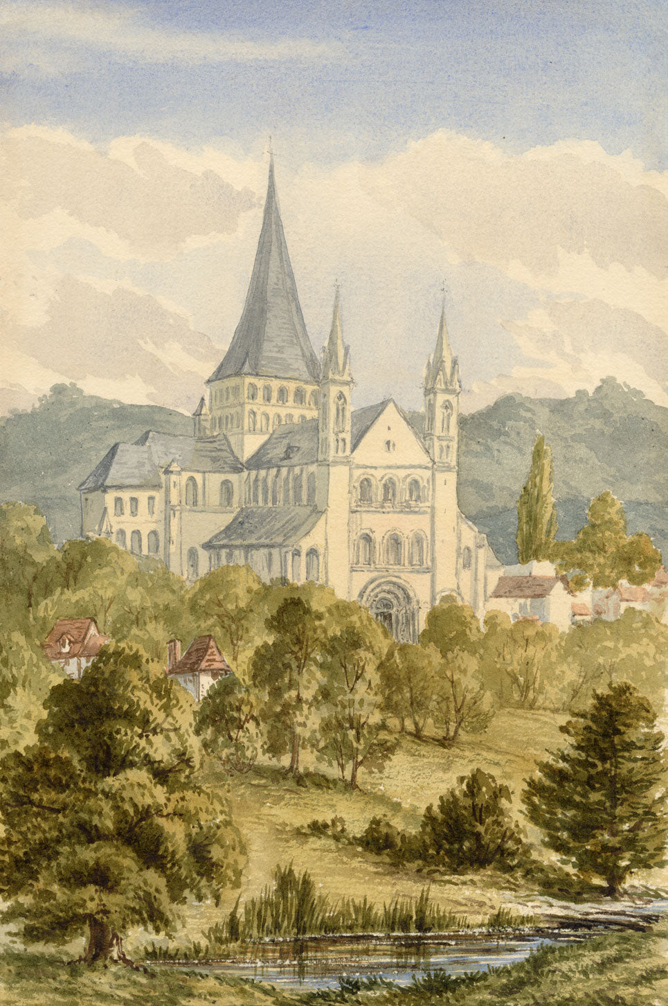 St George's Abbey, Boscherville, Normandy, France – c.1874 watercolour painting