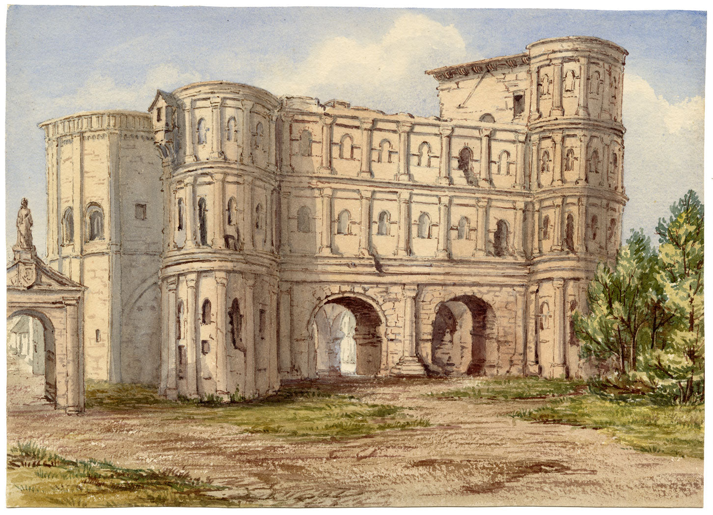 Porta Nigra Roman Gate, Trier, Germany – c.1874 watercolour painting