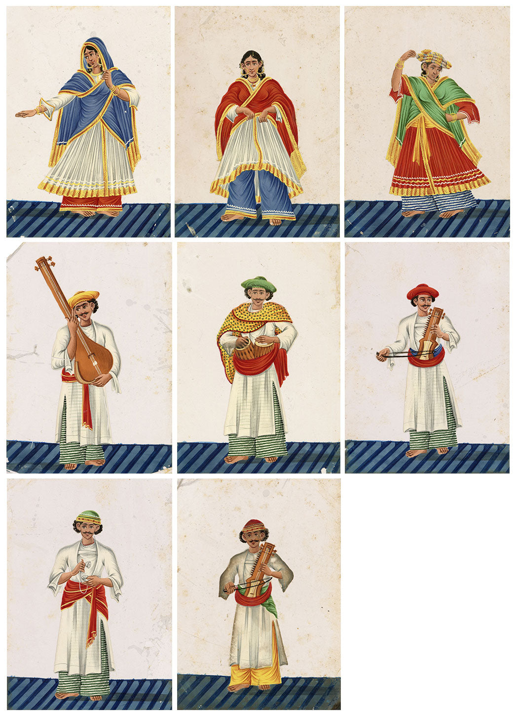 Indian Company School Mica Paintings – Set of 8 Musicians & Nautch Dancing Women, Early 19th-century