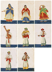 Indian Company School Mica Paintings – Set of 8 Musicians & Nautch Dancing Women, Early 19th-century