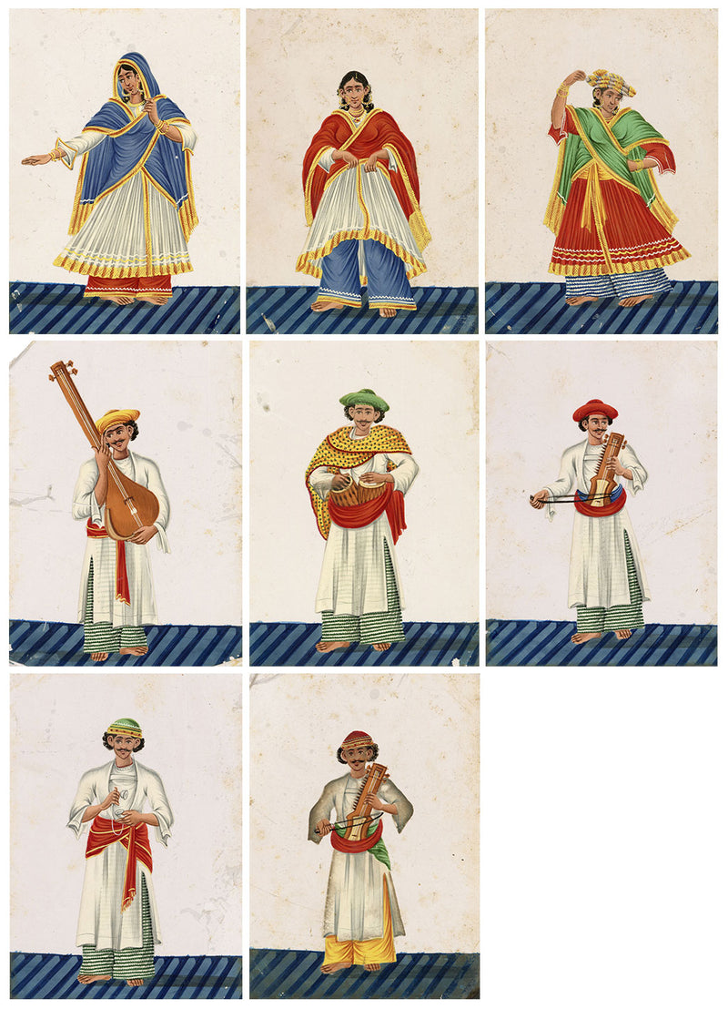 Indian Company School Mica Paintings – Set of 8 Musicians & Nautch Dancing Women, Early 19th-century
