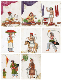Indian Company School Mica Paintings – Set of 8 Street Sellers & Trades, 19th-century