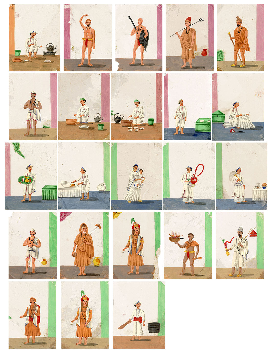Indian Company School Mica Paintings – Set of 23 Trades, Occupations & Ascetics, 19th-century