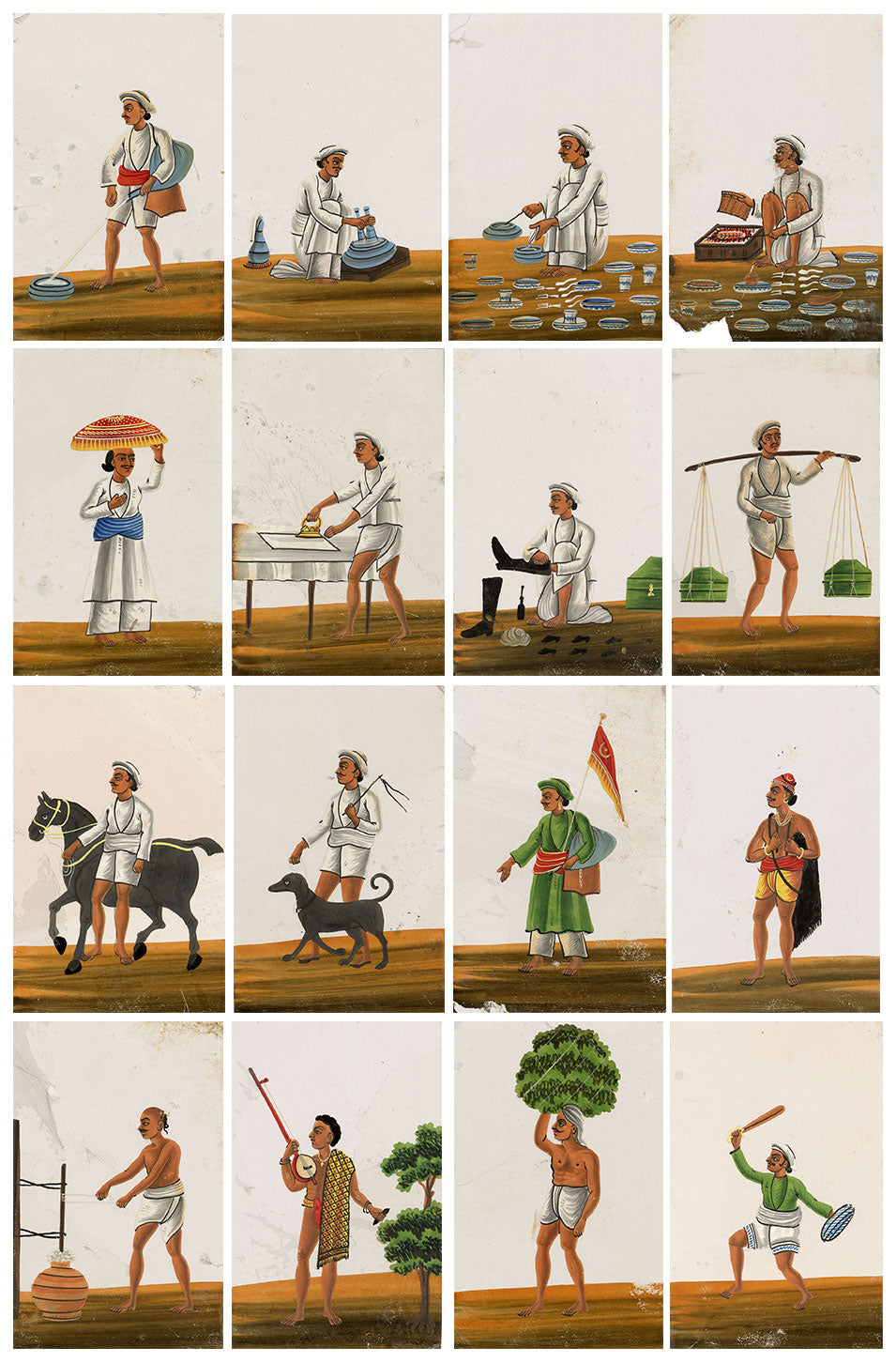 Indian Company School Mica Paintings – Set of 16 Trades & Occupations, 19th-century