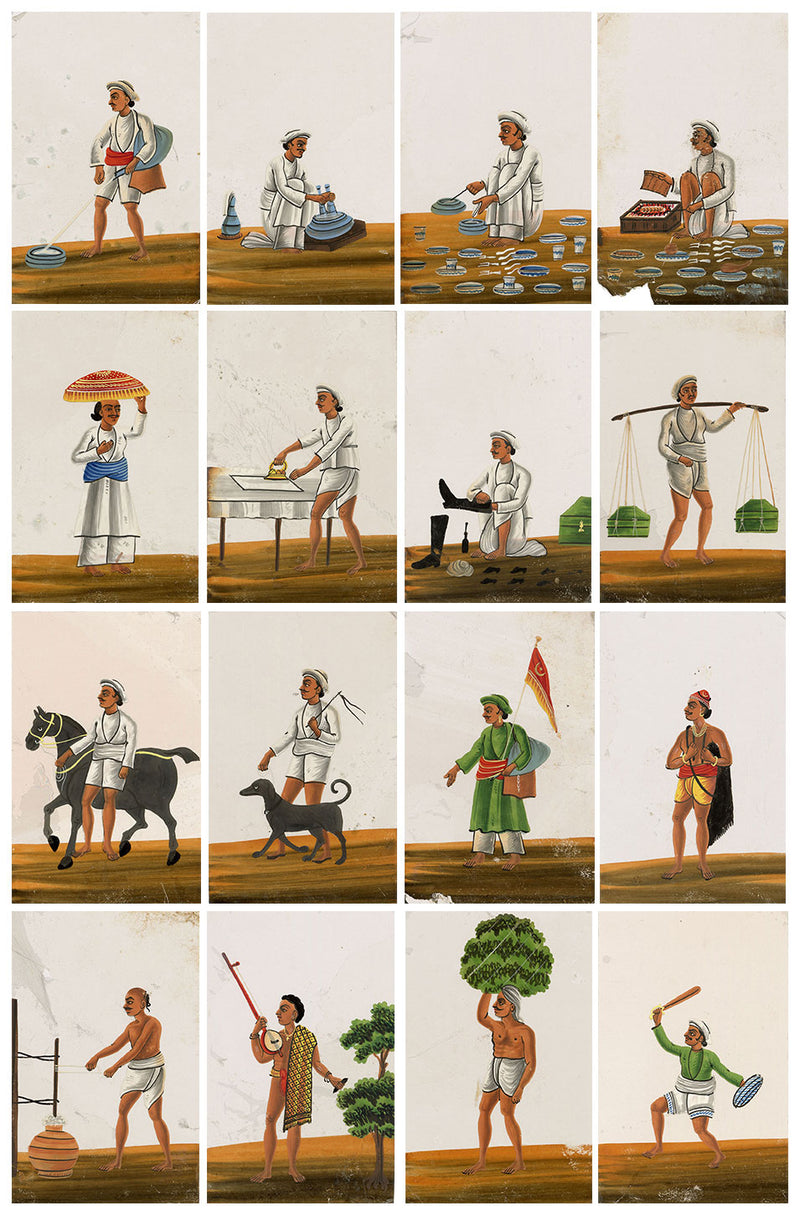 Indian Company School Mica Paintings – Set of 16 Trades & Occupations, 19th-century