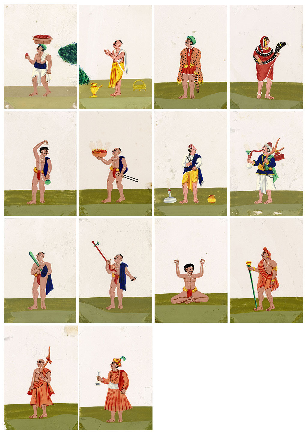 Indian Company School Mica Paintings – Set of 14 Wandering Ascetics, 19th-century