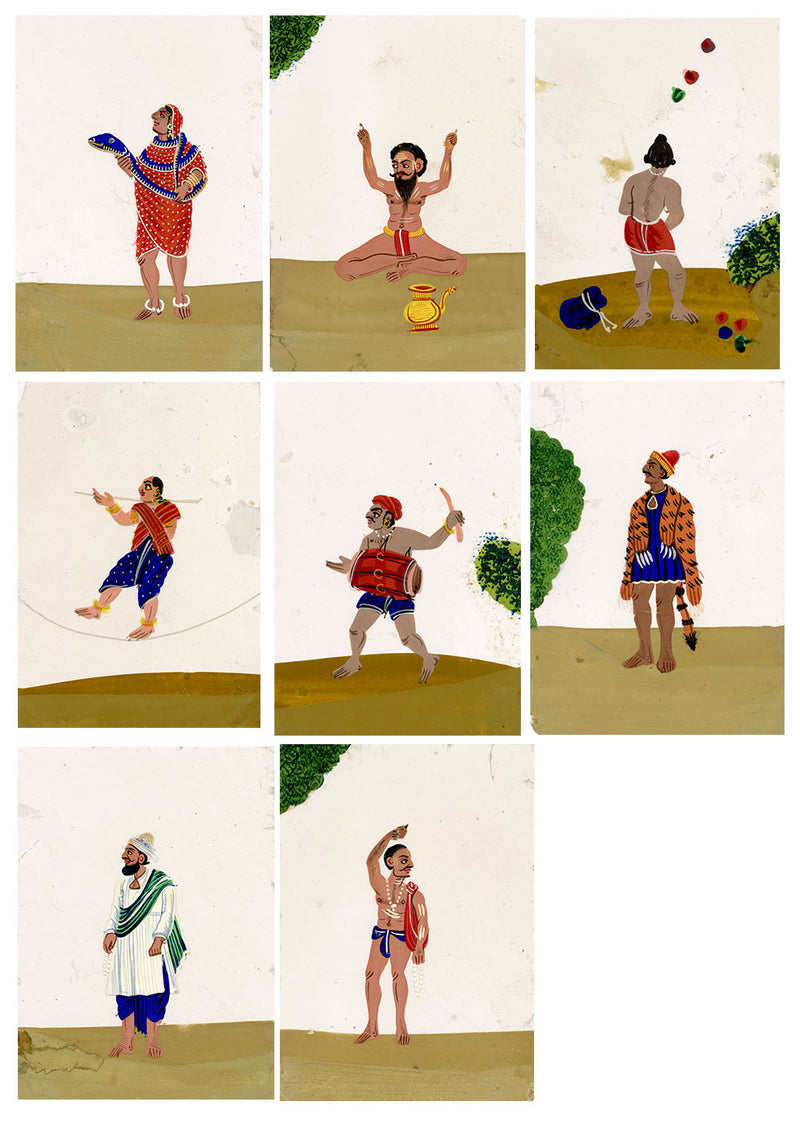 Indian Company School Mica Paintings – Set of 8 Street Performers, Musicians & Ascetics, 19th-century