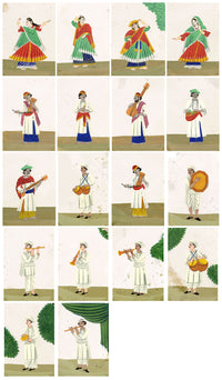 Indian Company School Mica Paintings – Set of 18 Musicians & Dancing Girls, 19th-century