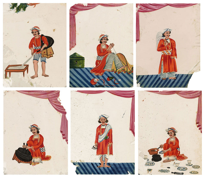 Indian Company School Mica Paintings – Set of 6 Trades & Occupations, 19th-century
