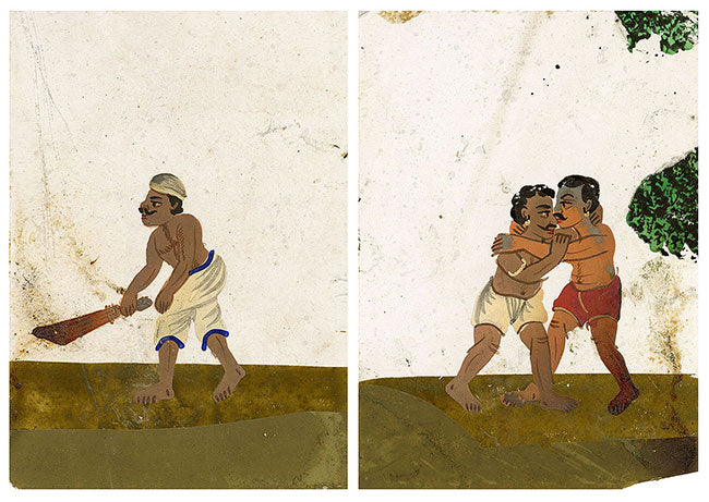 Indian Company School Mica Paintings – Set of 2 Miniature Sweeper Servant & Wrestlers, 19th-century