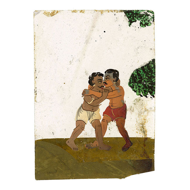 Indian Company School Mica Paintings – Set of 2 Miniature Sweeper Servant & Wrestlers, 19th-century