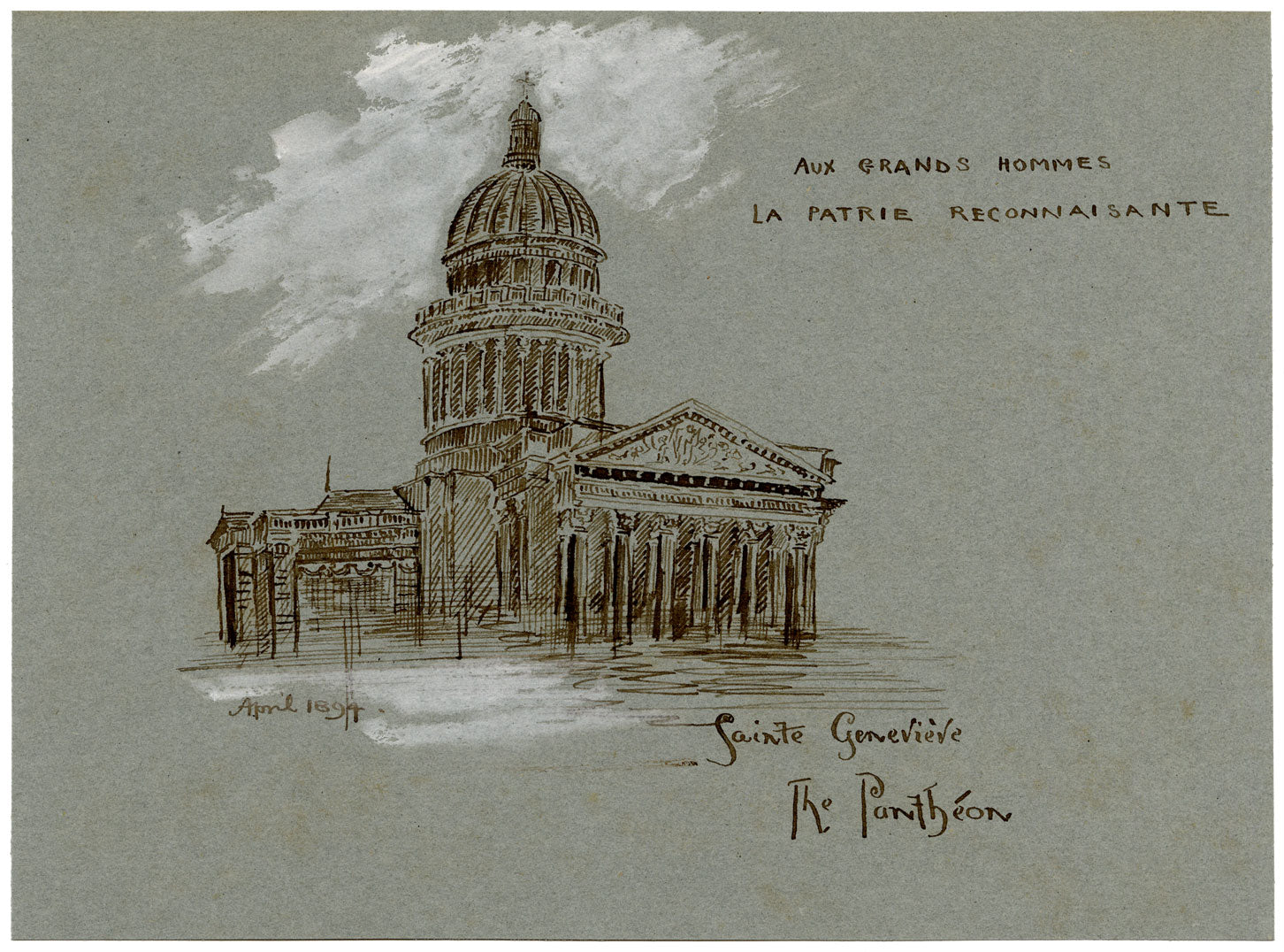 W. Pendavis, The Panthéon, Sainte-Geneviève, Paris – 1894 pen & ink drawing