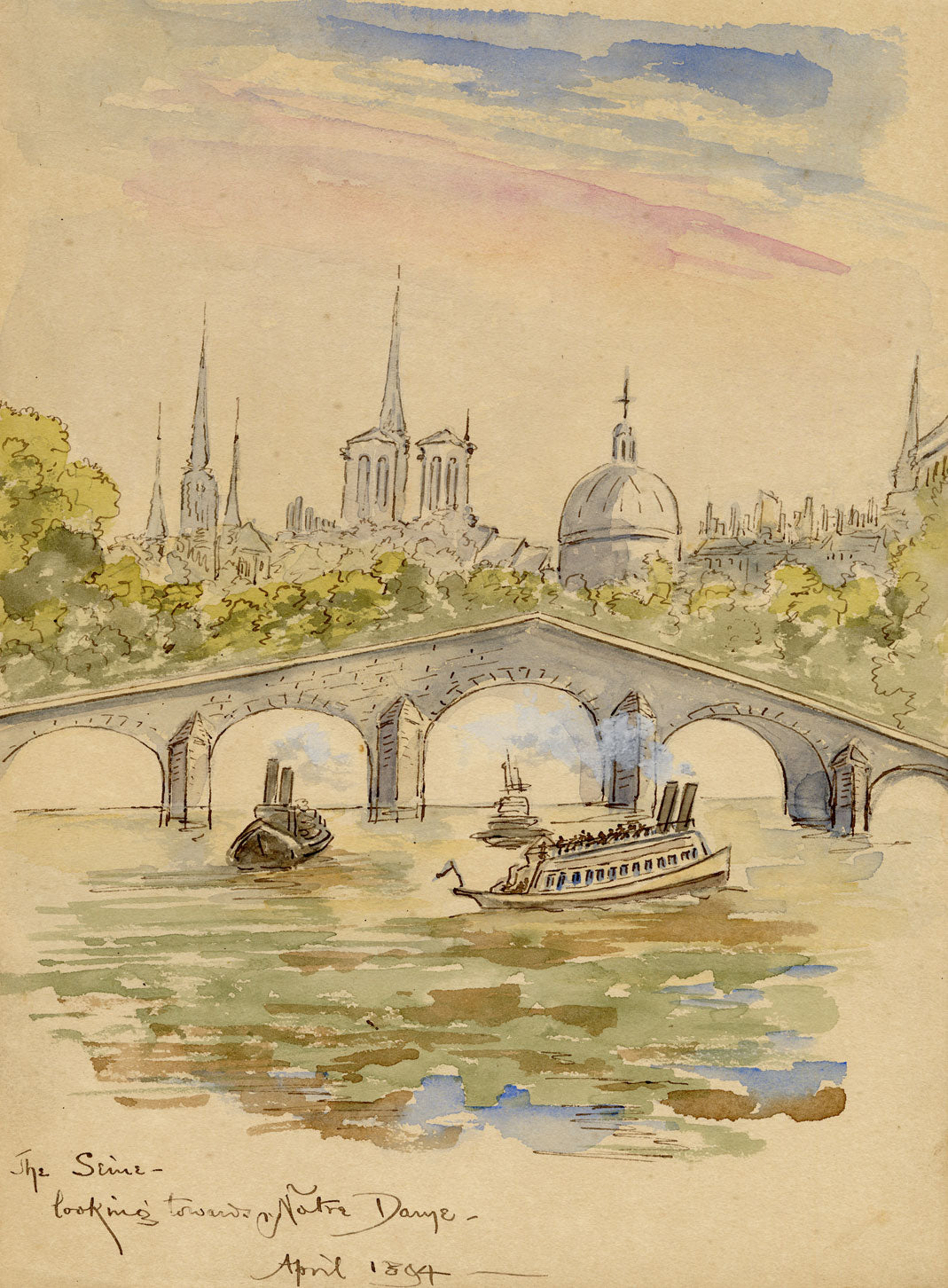 W. Pendavis, Seine Looking towards Notre Dame, Paris – 1894 watercolour painting