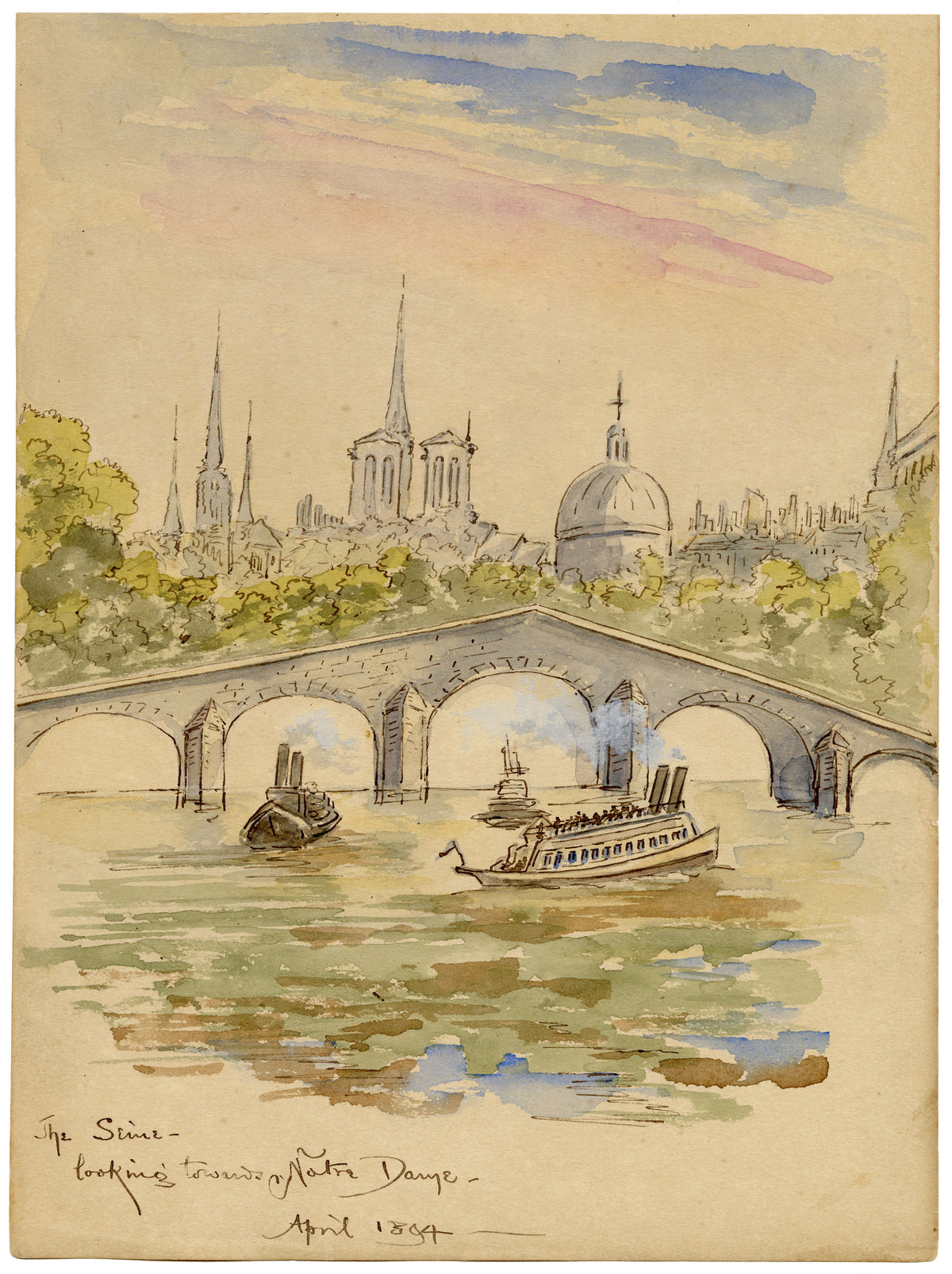 W. Pendavis, Seine Looking towards Notre Dame, Paris – 1894 watercolour painting