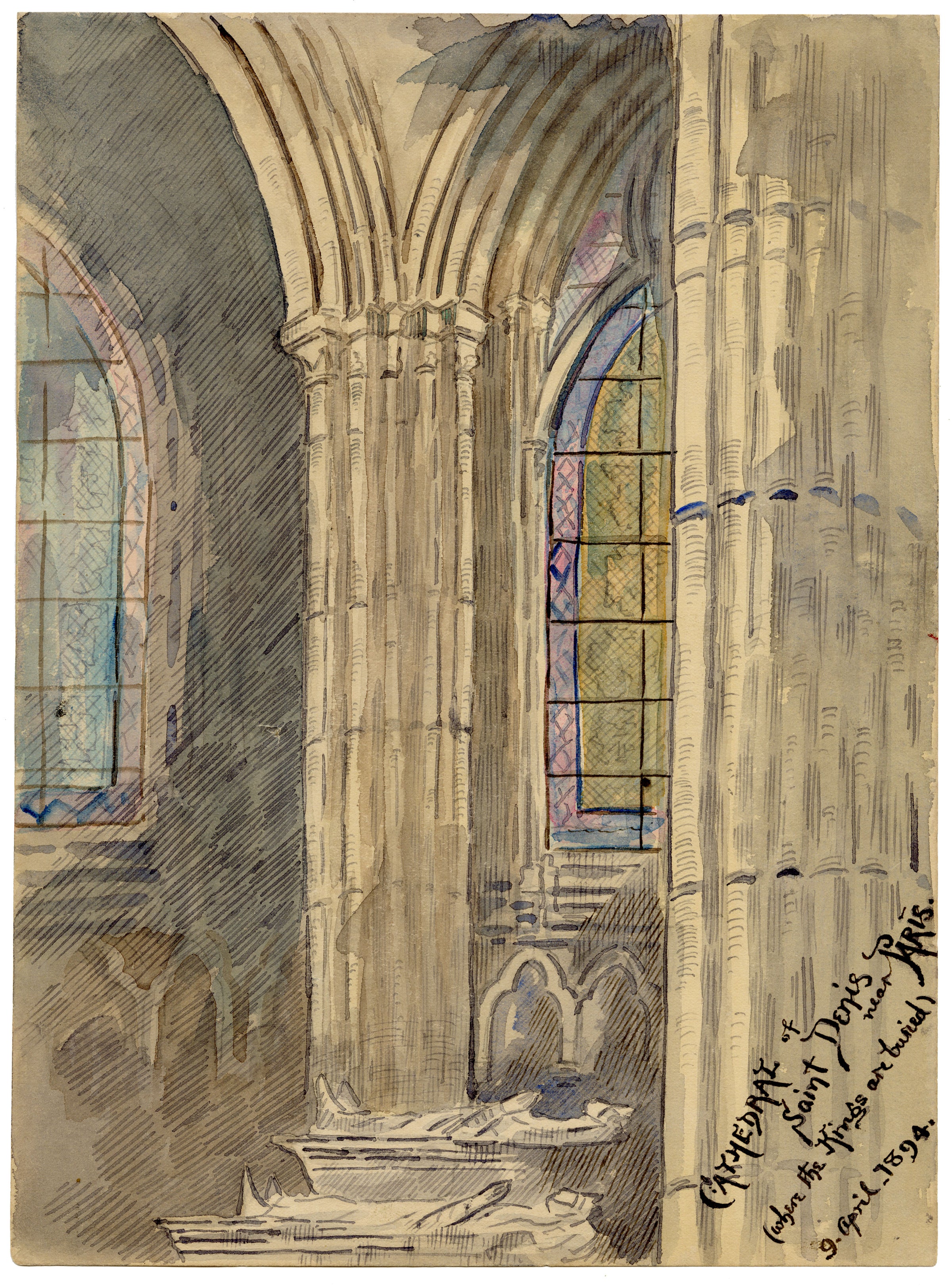W. Pendavis, Basilica of Saint-Denis, Paris – Original 1894 watercolour painting