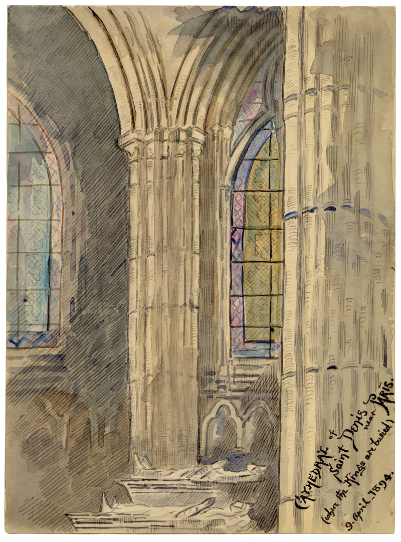 W. Pendavis, Basilica of Saint-Denis, Paris – Original 1894 watercolour painting