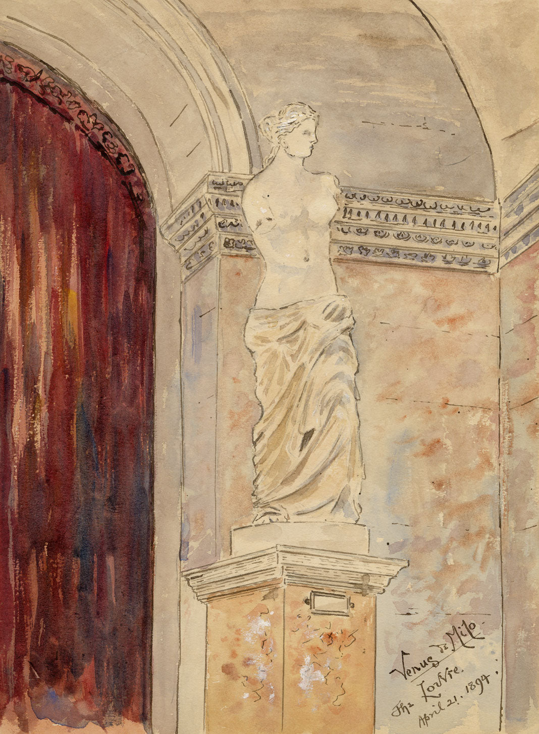 W. Pendavis, Venus de Milo in the Louvre, Paris – 1894 watercolour painting