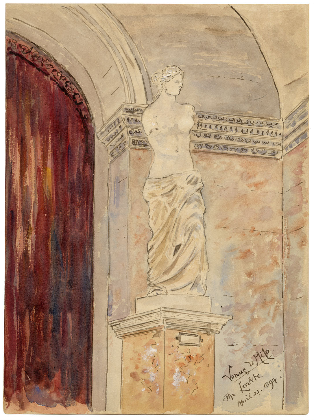 W. Pendavis, Venus de Milo in the Louvre, Paris – 1894 watercolour painting