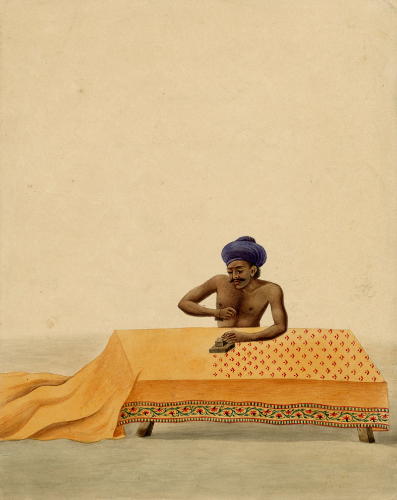 Indian Company School, A Man Hand Block Printing Calico Textiles – 19th-century watercolour painting
