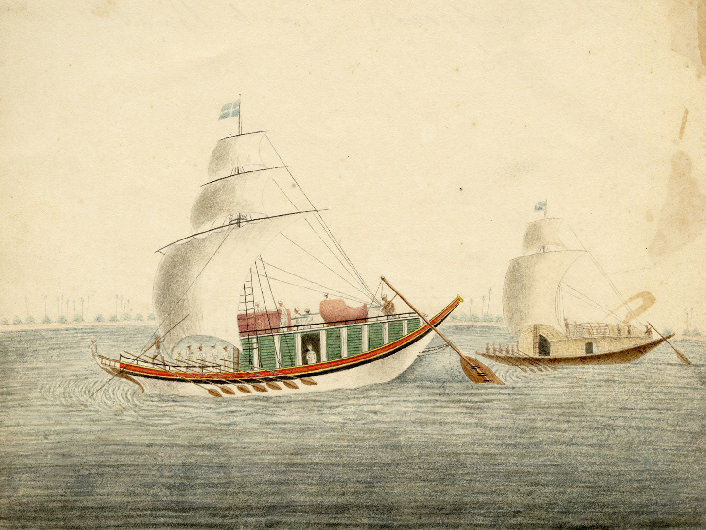 Indian Company School, Budgerow & Cook Boat (Pulwah), Ganges – 19th-century watercolour painting