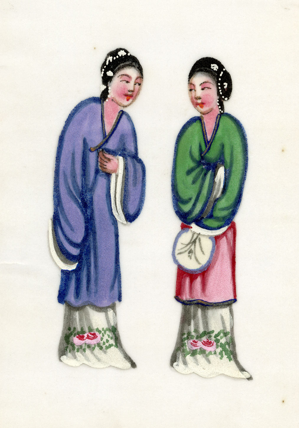 Antique 19th-century Chinese Pith Painting – Qing Dynasty Women
