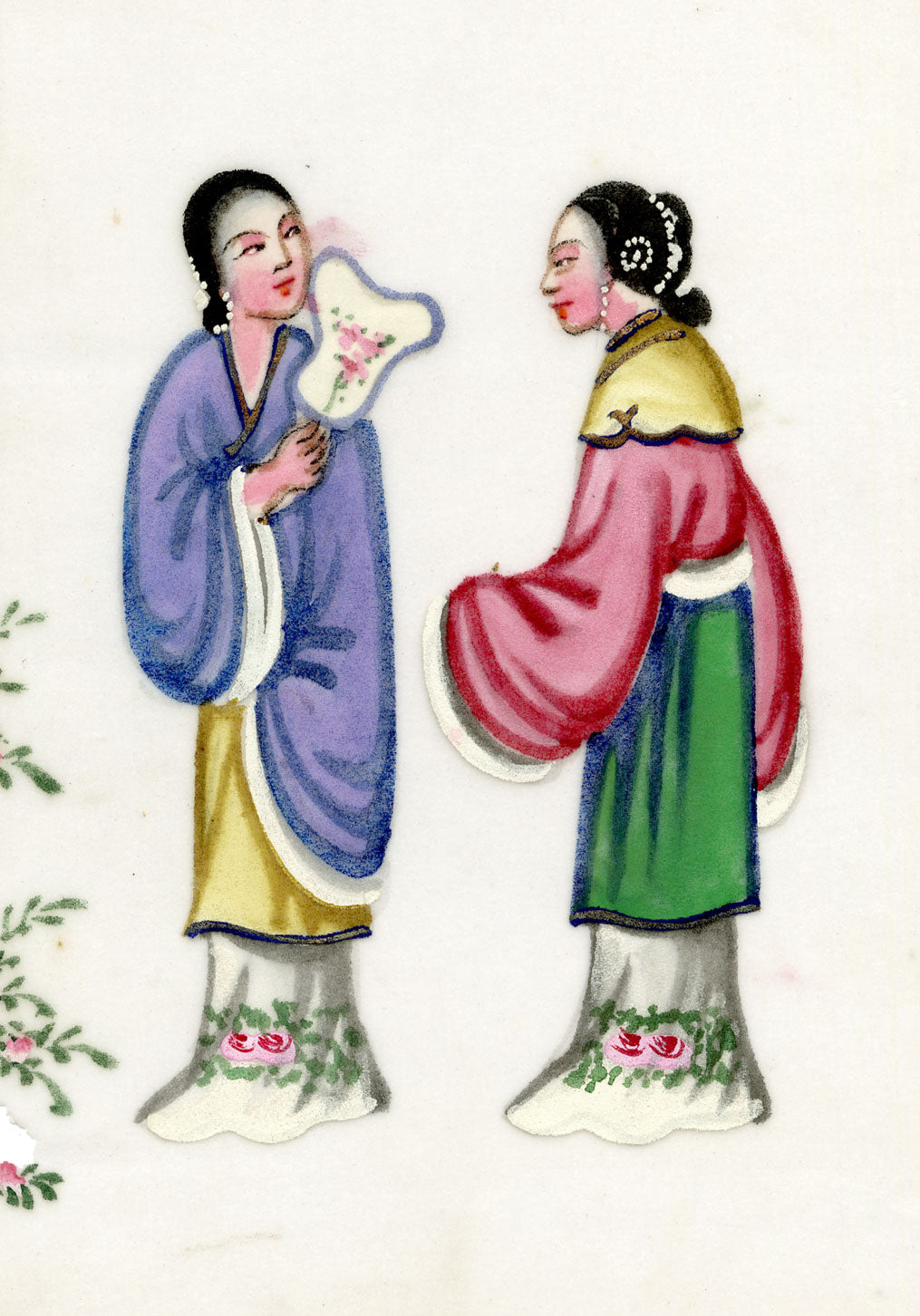 Antique 19th-century Chinese Pith Painting – Qing Dynasty Women with Fan