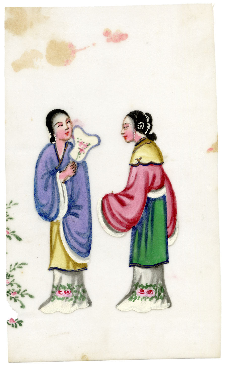 Antique 19th-century Chinese Pith Painting – Qing Dynasty Women with Fan