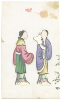 Antique 19th-century Chinese Pith Painting – Qing Dynasty Women with Fan