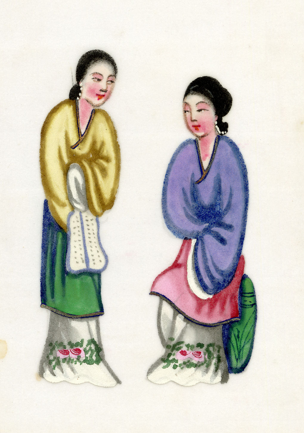Antique 19th-century Chinese Pith Painting – Qing Dynasty Women