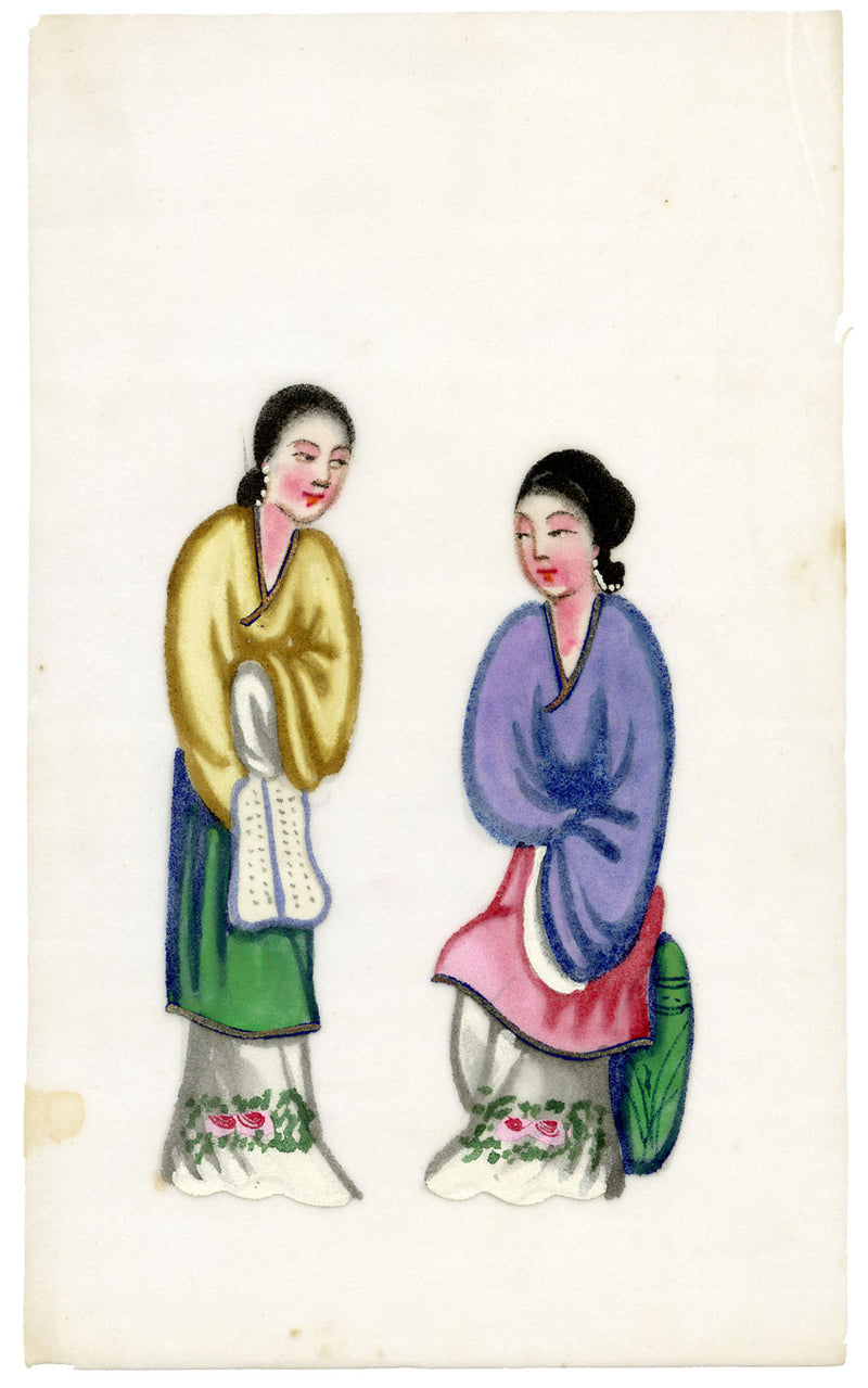 Antique 19th-century Chinese Pith Painting – Qing Dynasty Women