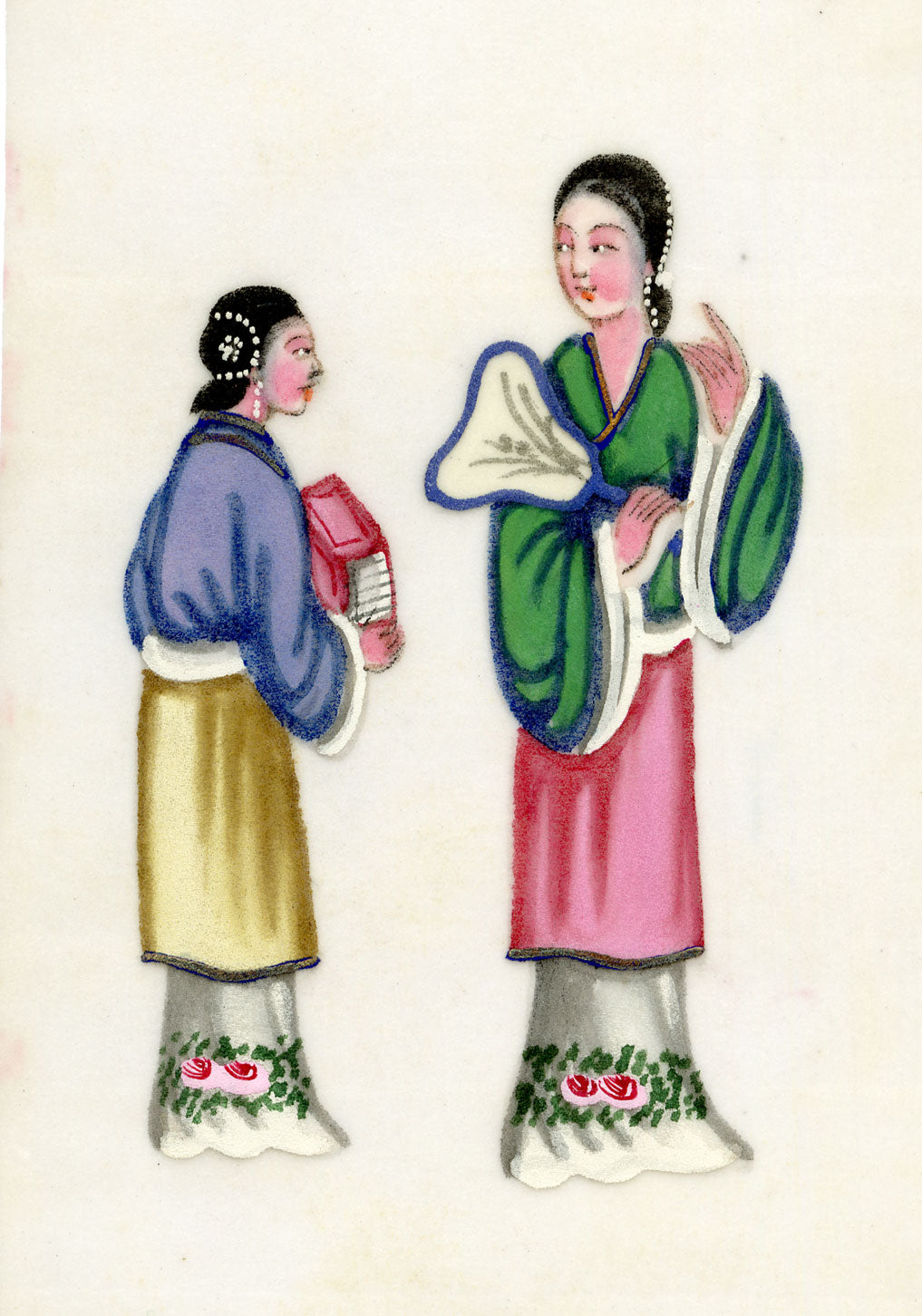 Antique 19th-century Chinese Pith Painting – Qing Dynasty Women