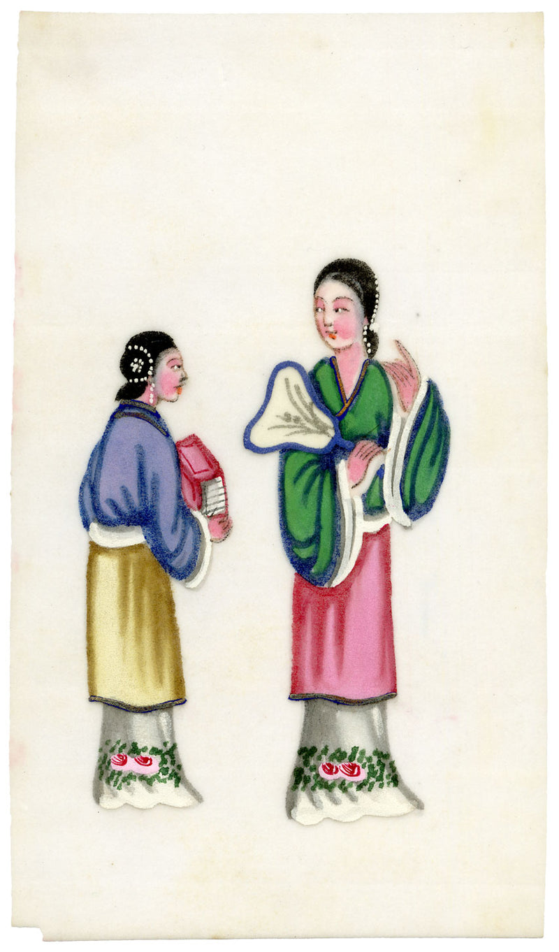 Antique 19th-century Chinese Pith Painting – Qing Dynasty Women