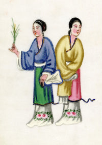 Antique 19th-century Chinese Pith Painting –Qing Dynasty Women with Fan & Flower