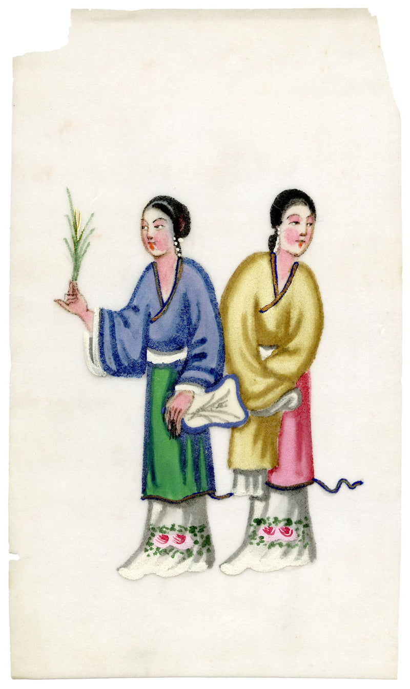 Antique 19th-century Chinese Pith Painting –Qing Dynasty Women with Fan & Flower