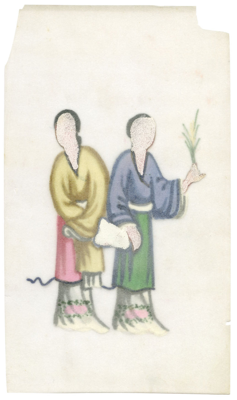 Antique 19th-century Chinese Pith Painting –Qing Dynasty Women with Fan & Flower