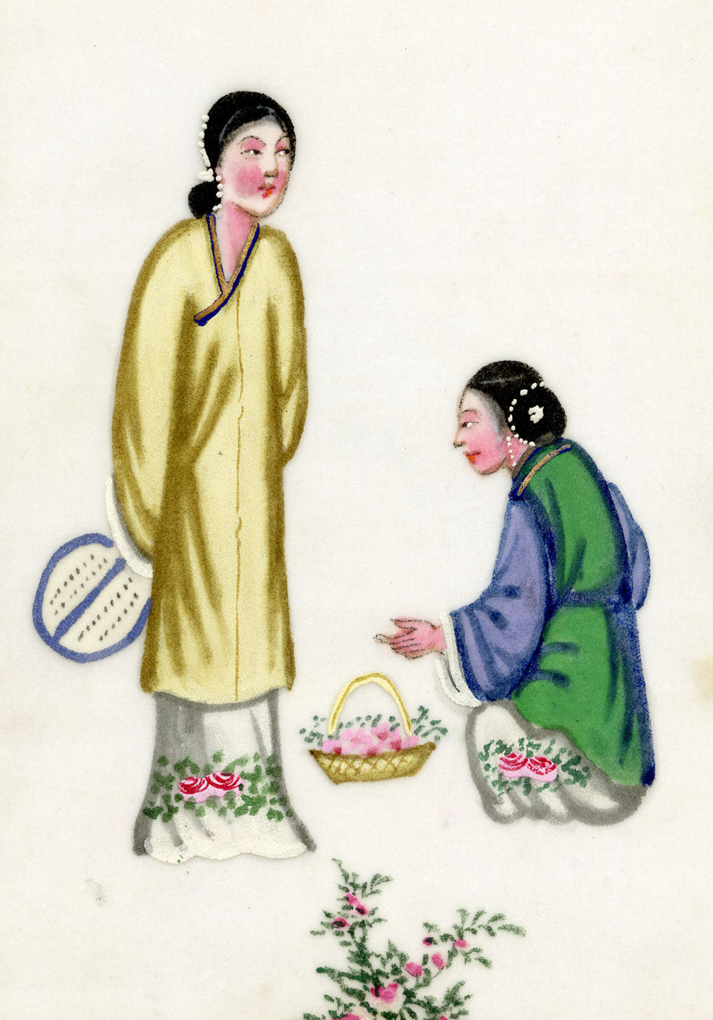 Antique 19th-century Chinese Pith Painting –Qing Dynasty Women with Flowers