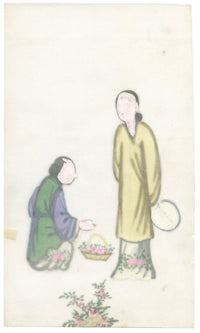 Antique 19th-century Chinese Pith Painting –Qing Dynasty Women with Flowers