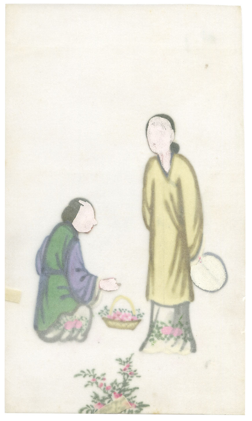 Antique 19th-century Chinese Pith Painting –Qing Dynasty Women with Flowers