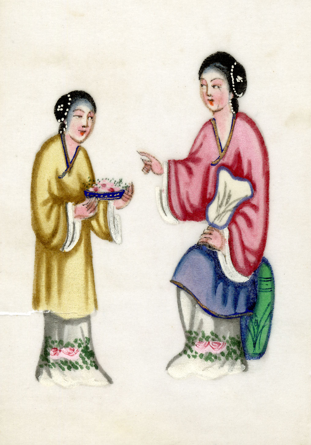 Antique 19th-century Chinese Pith Painting – Qing Dynasty Women with Flower Bowl