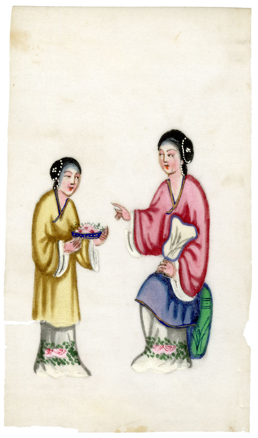 Antique 19th-century Chinese Pith Painting – Qing Dynasty Women with Flower Bowl